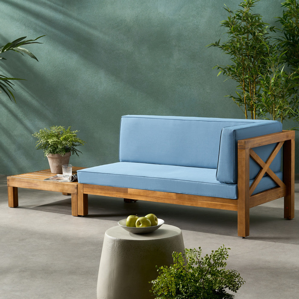 Keith Outdoor Right Arm Loveseat and Coffee Table Set, Blue/Teak