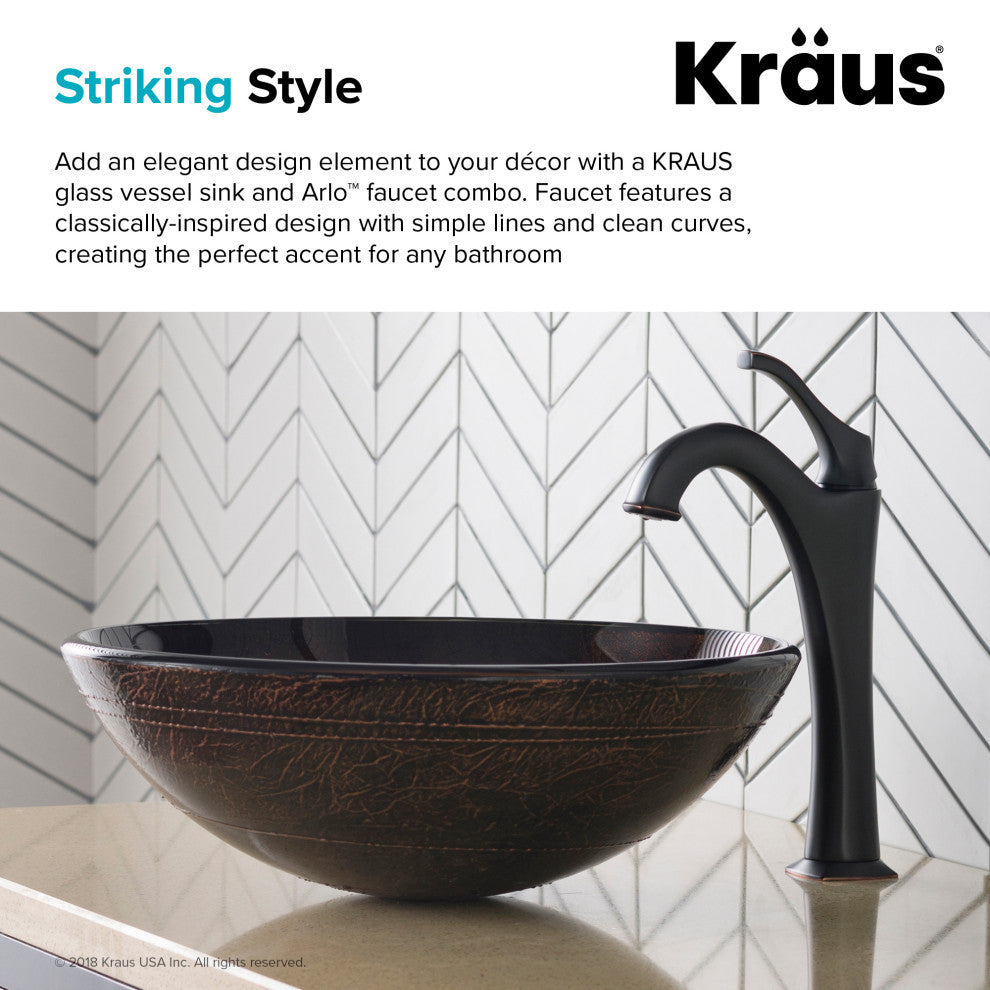 Glass Vessel Sink, Bathroom Arlo Faucet, PU Drain, Mounting Ring, Oil Rub Bronze