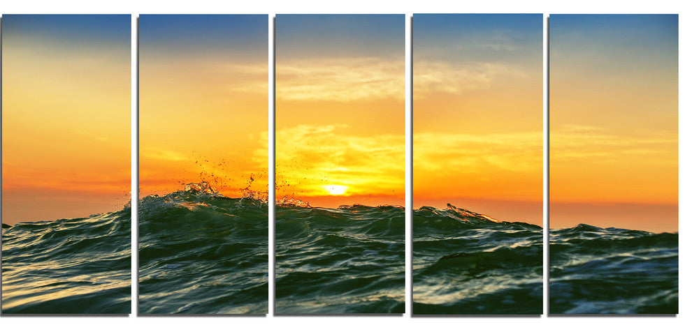 "Bright Sunlight and Glowing Waves" Beach Canvas Wall Art, 5 Panels, 60"x28"