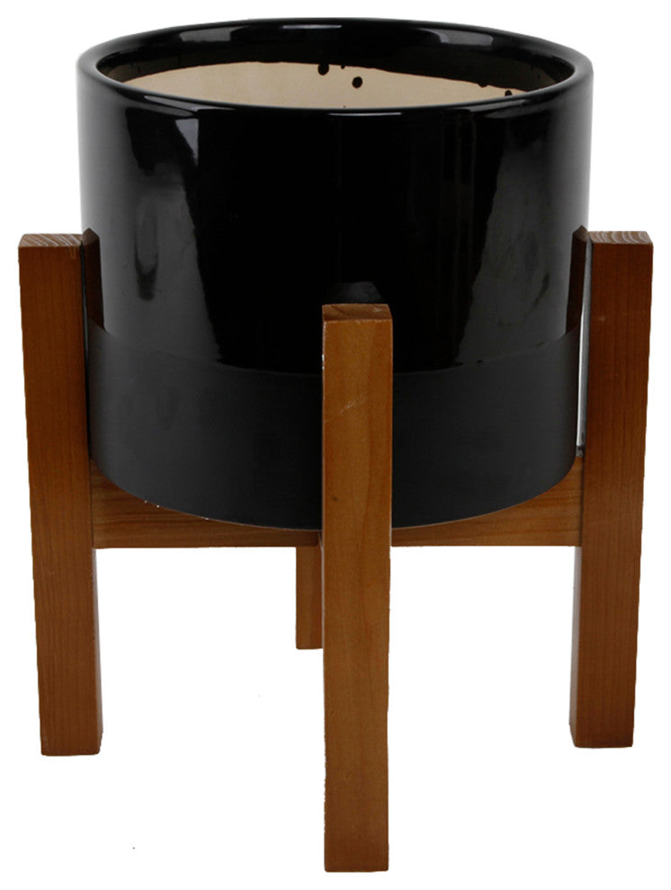 8" Large 2Tone Pot On Wood Stand, Black