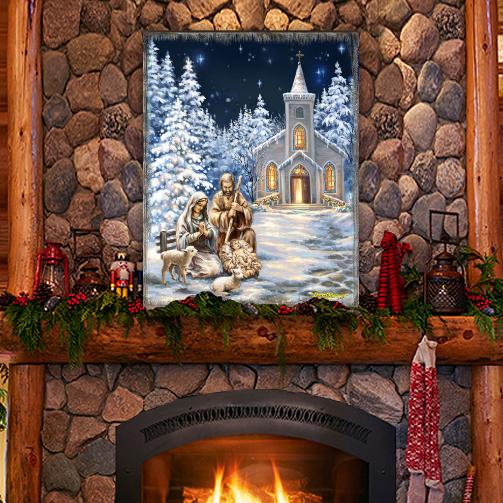 Nativity at the Chapel Night Sky Wooden Wall Art, Small 12x9