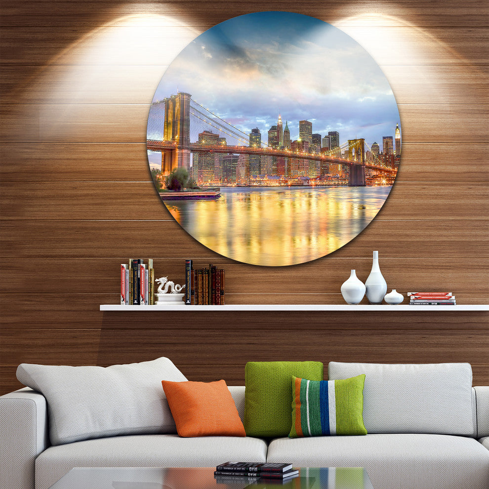 Brooklyn Bridge With Night Illumination, Disc Metal Artwork, 11"