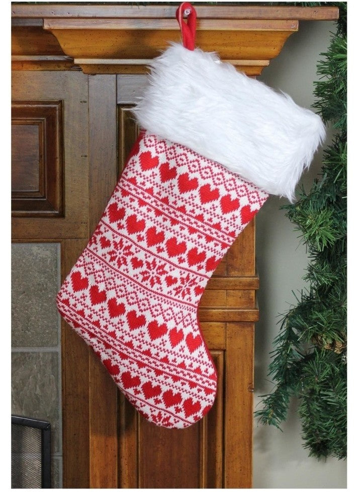 15" Heart and Snowflake Knit Christmas Stocking With White Cuff