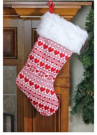 15" Heart and Snowflake Knit Christmas Stocking With White Cuff