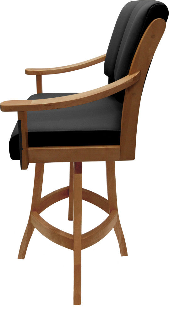 Leather Swivel Wood Bar Stool Casa on S-Base, Black Leather on Honey, 26"