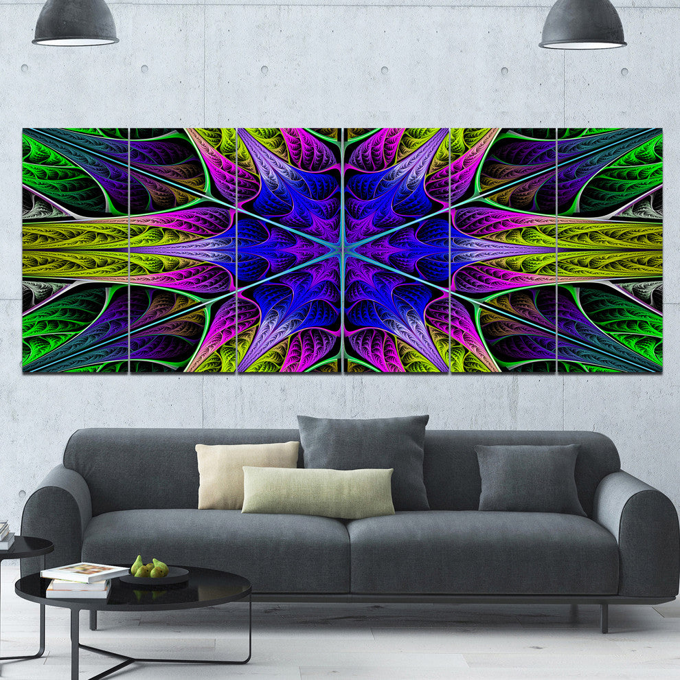 Star Shaped Blue Stained Glass, Abstract Canvas Art Print, 70"x28", 6 Panels