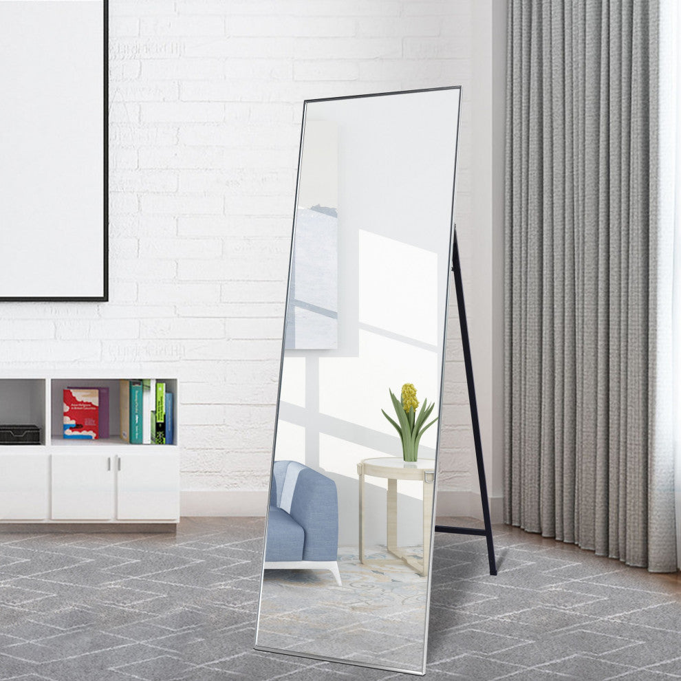 65 inch Rectangular Aluminum Framed Floor Wall Hanging Bedroom Mirror, Silver, 2