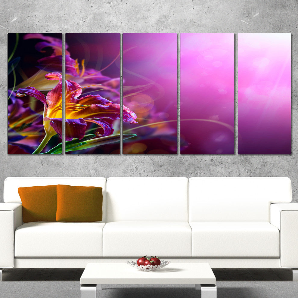 Flowers on Purple Background, Floral Canvas Art Print, 60"x28", 5 Panels