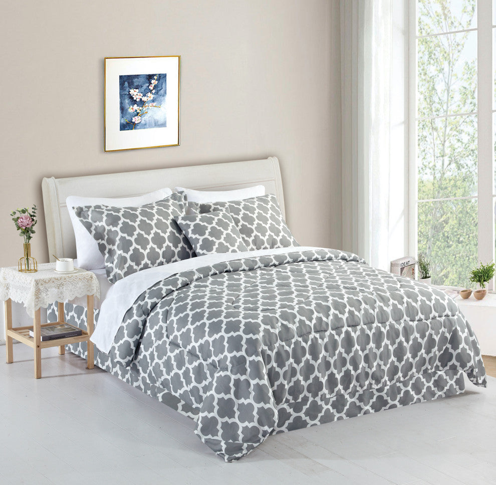 Bibb Home 8 Piece Comforter Set, Gray Trellis, King
