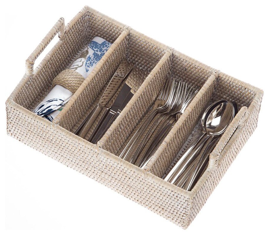 La Jolla Rattan Flatware Tray, White-Wash