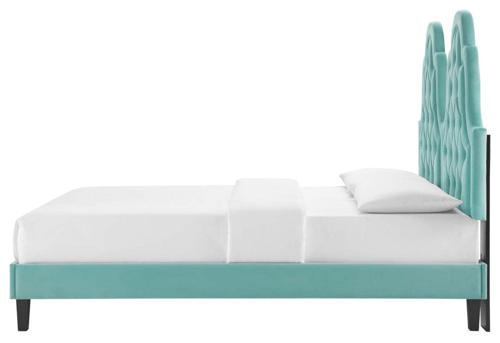 Tufted Platform Bed Frame, Twin Size, Velvet, Blue, Modern Contemporary, Bedroom