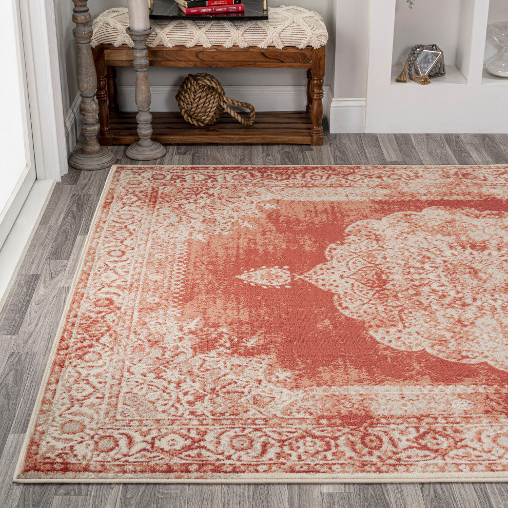 Rosalia Cottage Medallion Area Rug, Peach/Ivory, 4x6