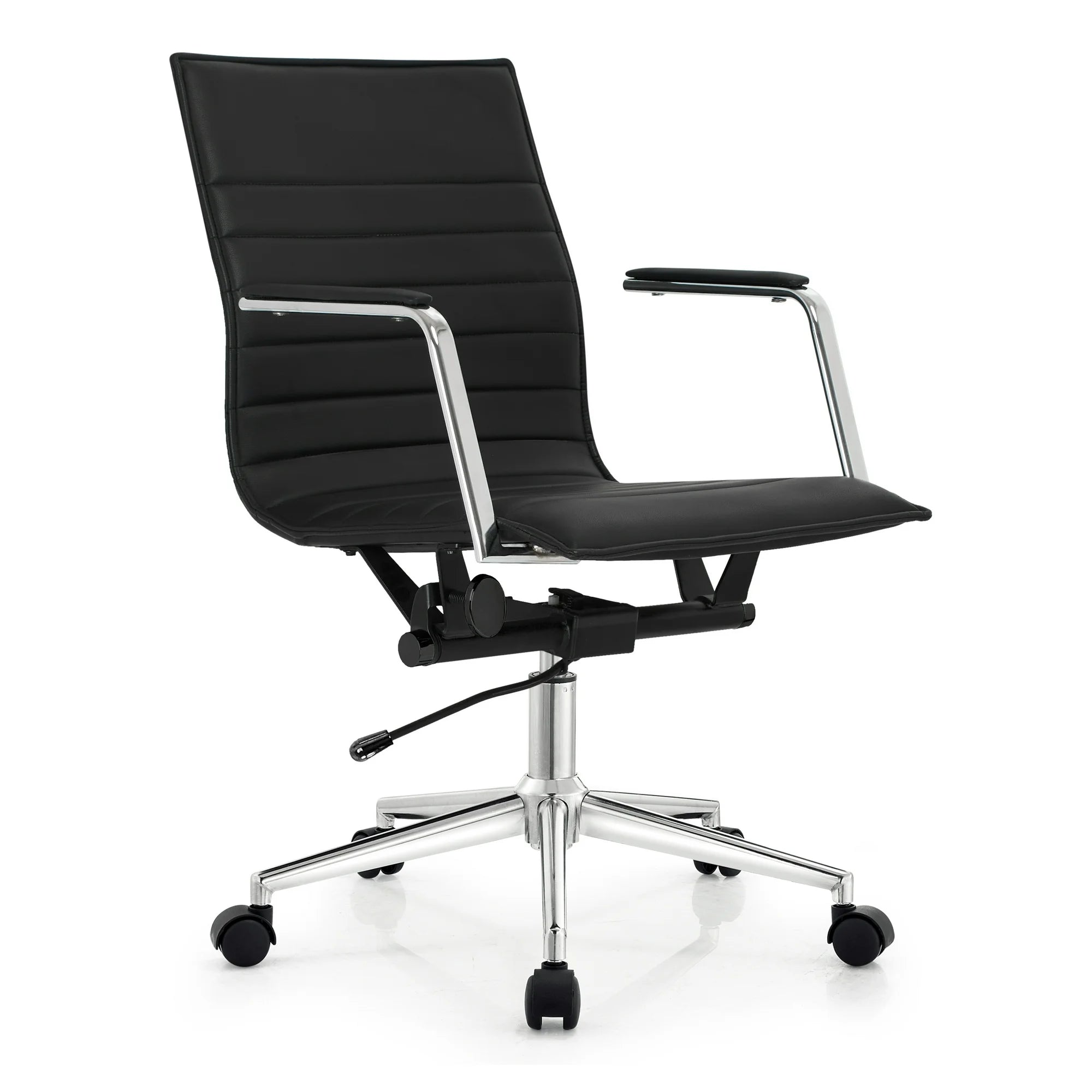 Modern Office Arm Chair With Wheels  Mid Back Ribbed PU Leather Adjustable, Black