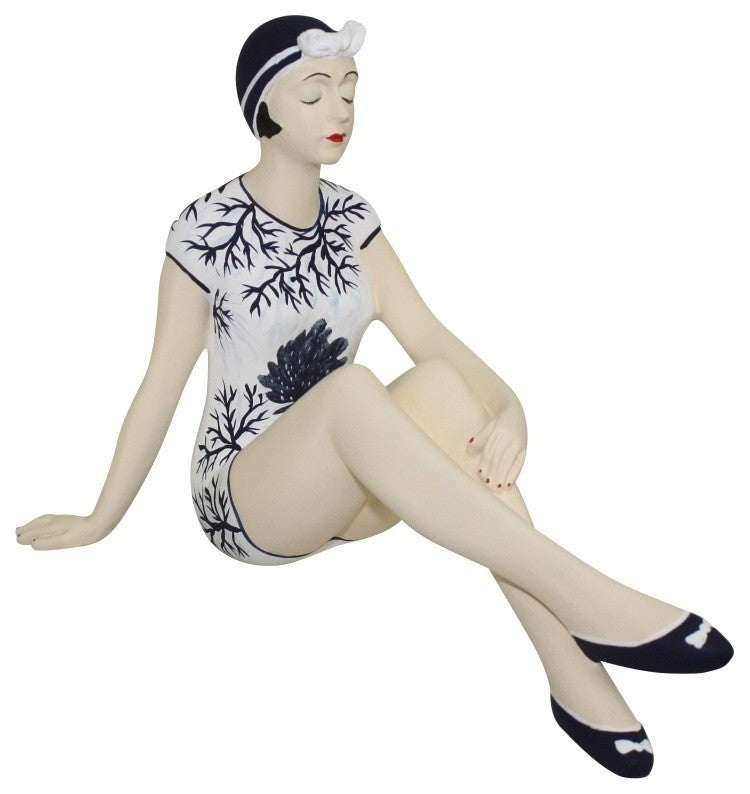Retro Bathing Beauty Swimsuit Model Figurine, Art Deco Woman Statue, Blue/White