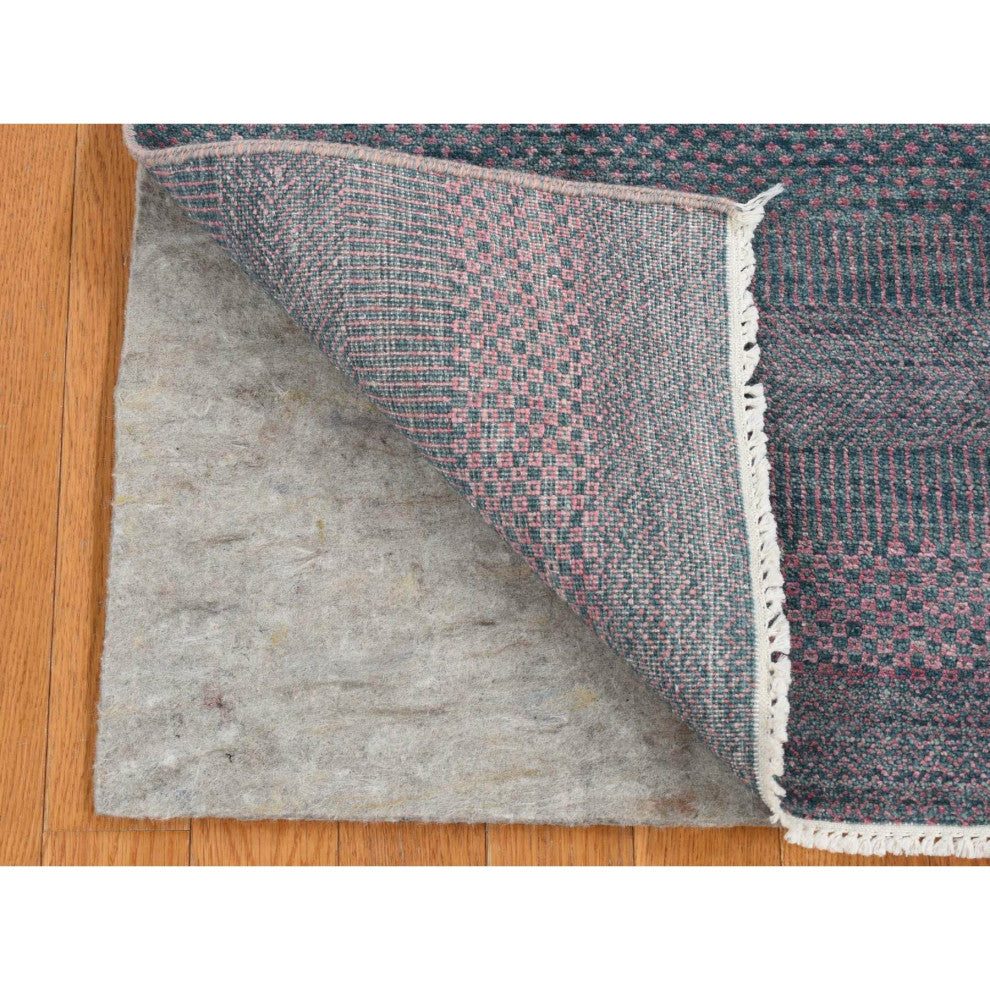 Midnight Green Wool and Silk Grass Design Hand Knotted Runner Rug 2'7"x8'10"