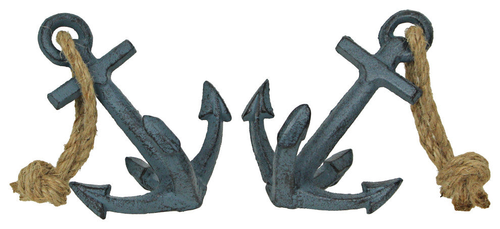 Set of 2 Blue Cast Iron Ship Anchor Bookends Nautical Home Decor Sculptures