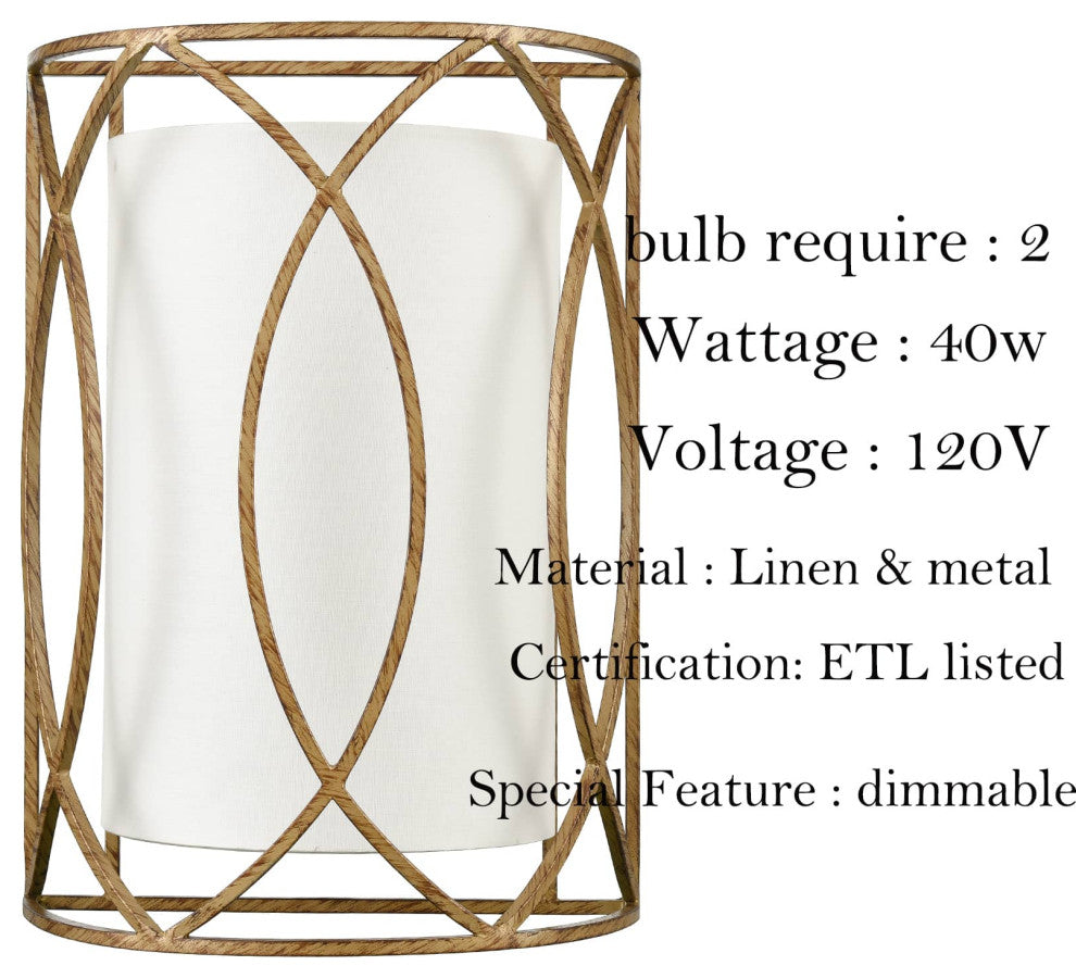 2-Light Vanity Modern Brass Metal Wall Sconce With Fabric Shade