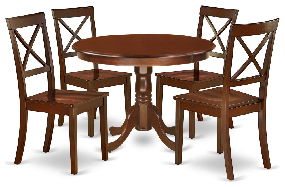 5Pc Rounded 42"Dinner Table And Four Wood Seat Kitchen Chairs