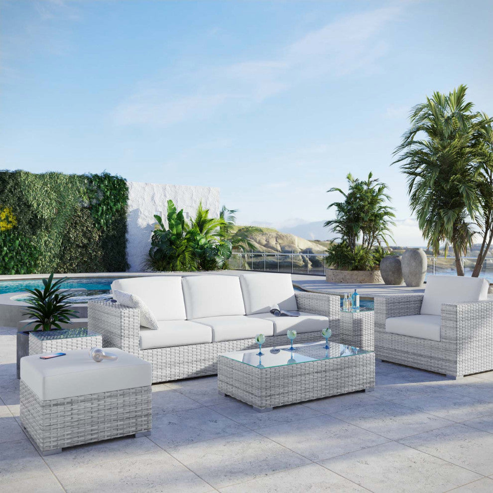 Lounge Sectional Sofa Chair Set, Rattan, Wicker, Gray White, Outdoor