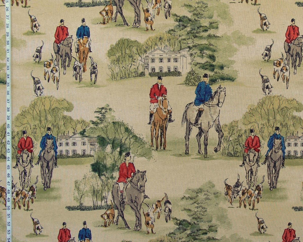 Horse hunt toile fabric red green equestrian home decorating material, Standard Cut
