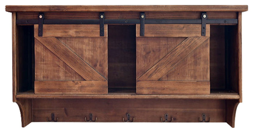 Rustic Wooden Shelf With Barn Door Storage And Hooks