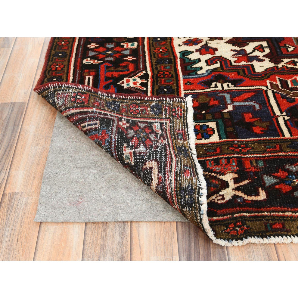 Tomato Red Vintage Zorostrian Heris Hand Knotted Worn Wool Rug, 6'8"x9'3"