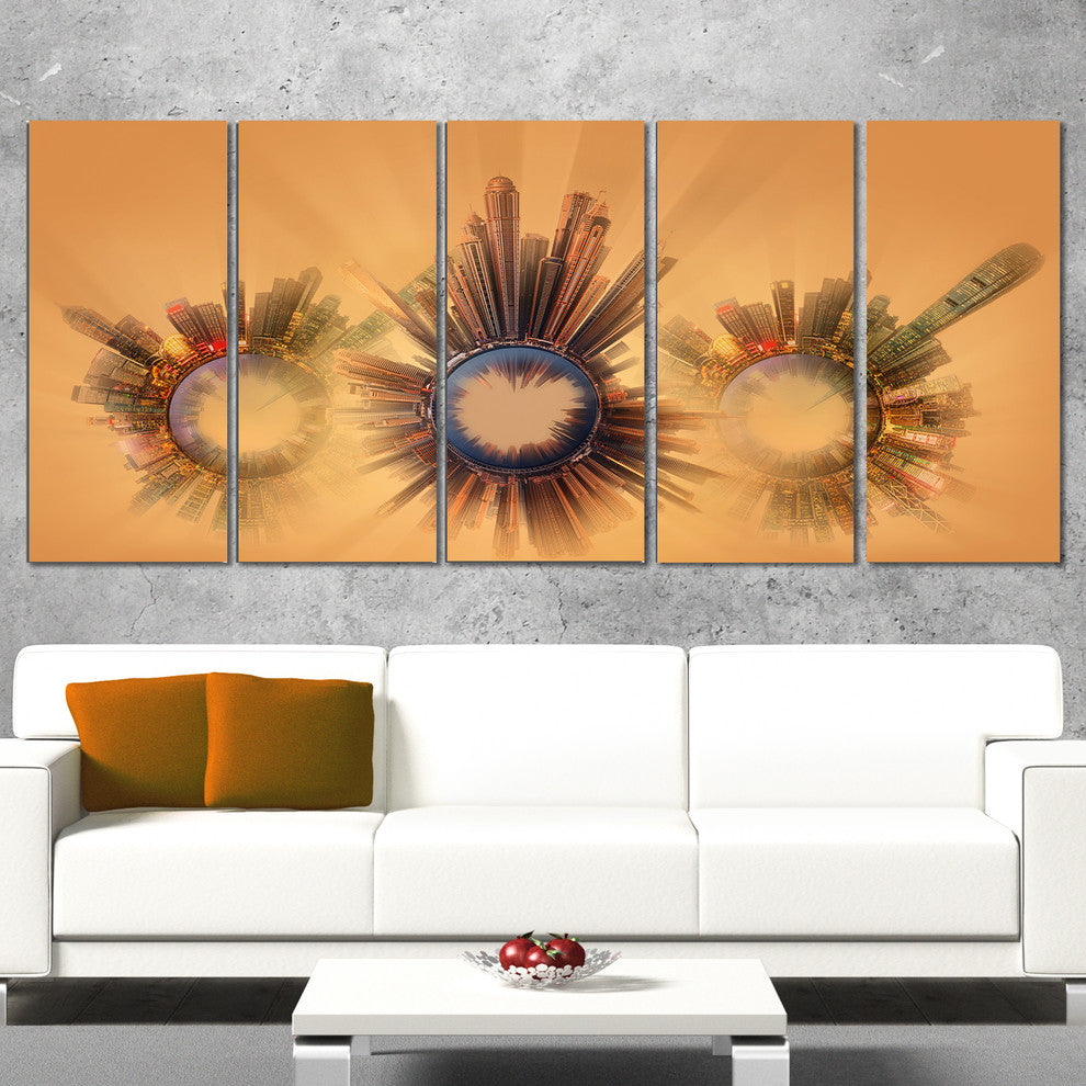 "Miniature Earth Planets With Skyscrapers" Abstract Wall Art, 60"x28", 5-Panels