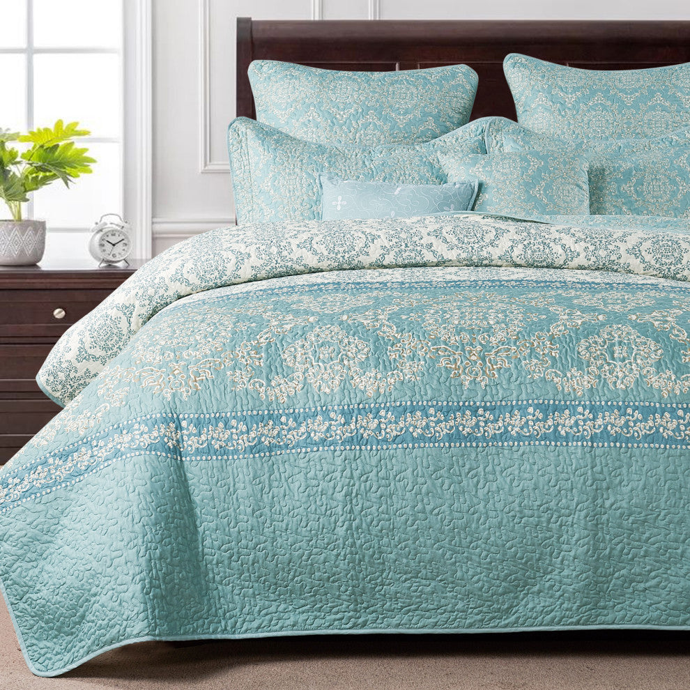 Mystic Quilted 7-Piece Bed Spread Set, Teal/Turquoise, Over-Sized King