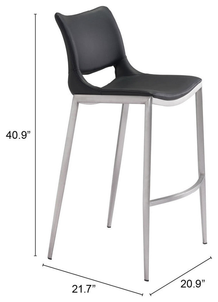 Bar Stool Chair Barstool, Set of 2, Faux Vinyl Leather, Steel, Black, Silver