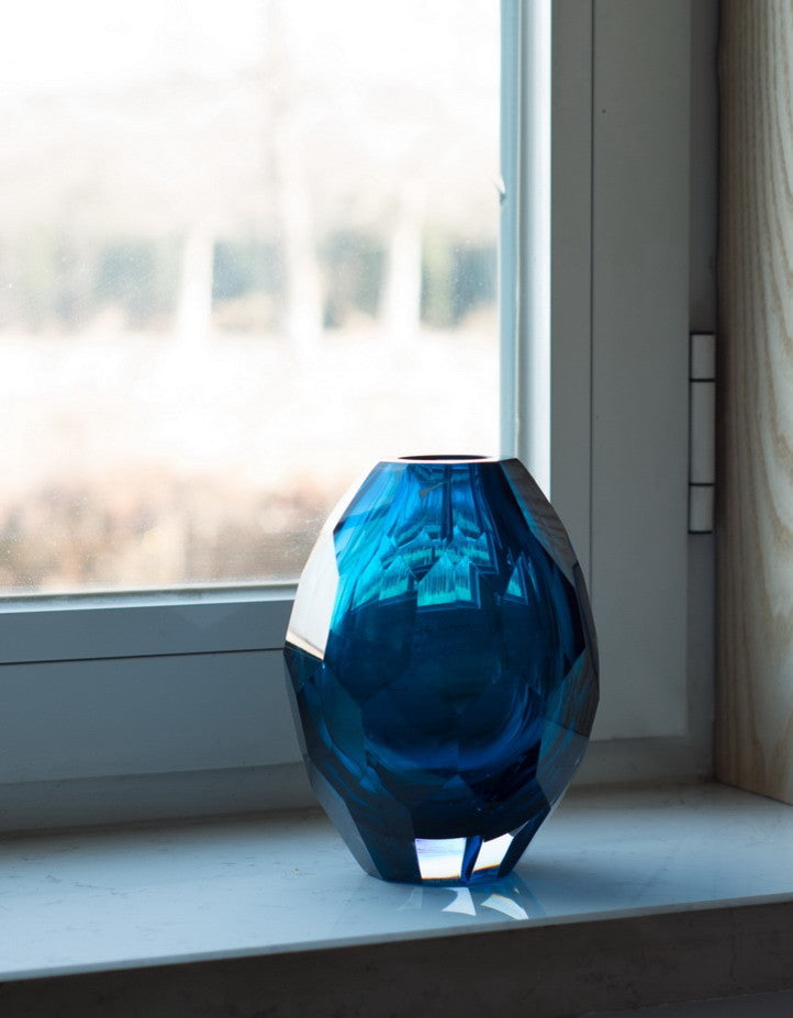 Diamond Solid Color Hand Blown Art Glass Vase, Gift Box, Blue