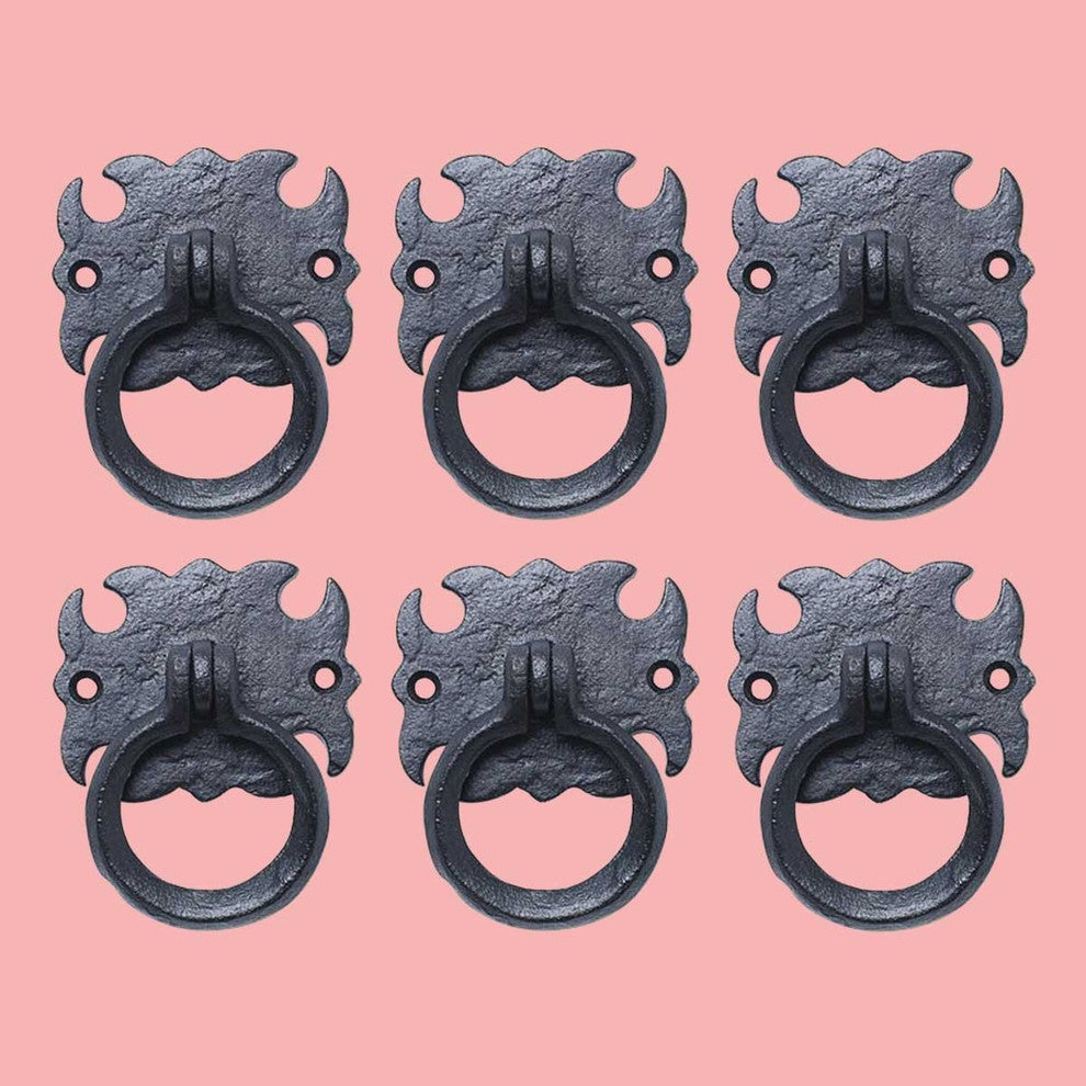 Black Cabinet Ring Pull Wrought Iron Cabinet Drawer Door Pull Handle Pack of 6