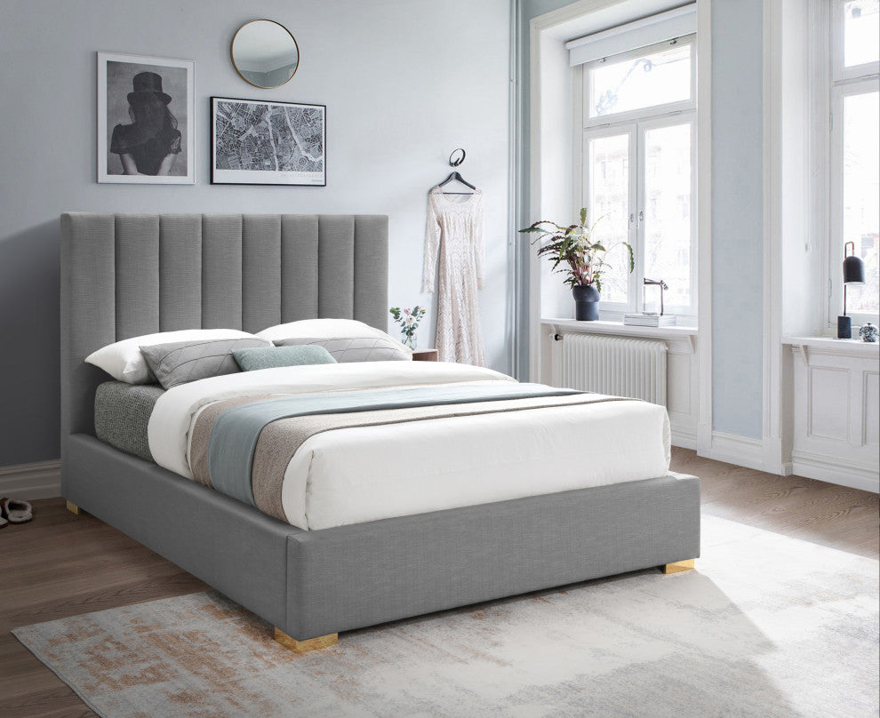 Pierce Linen Textured Fabric Upholstered Bed, Gray, Queen