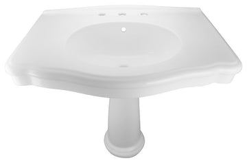 White Pedestal Bathroom Sink Porcelain Widespread Faucet Holes with Overflow