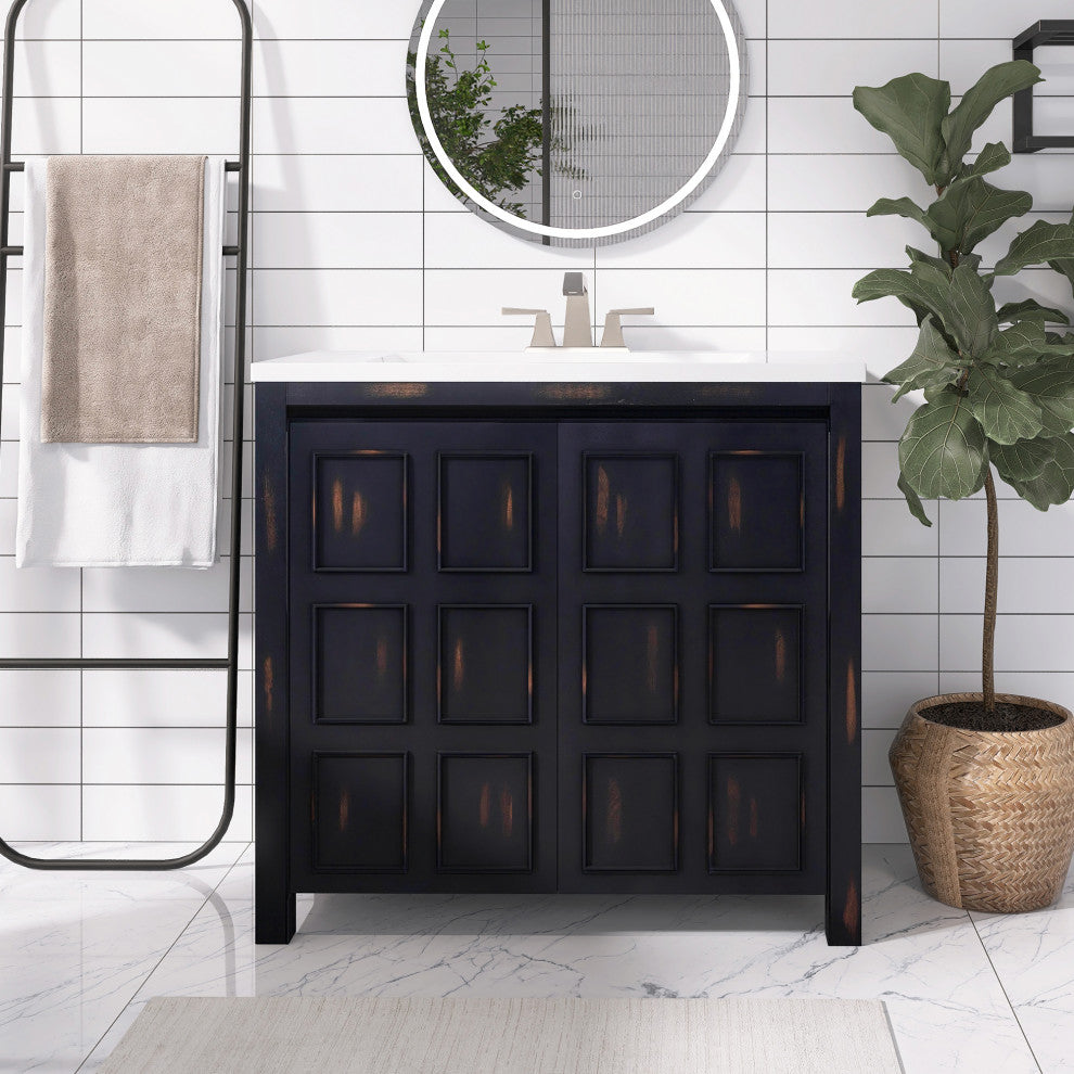 36 inch Freestanding Bath Vanity in Retro Espresso with White Resin Top