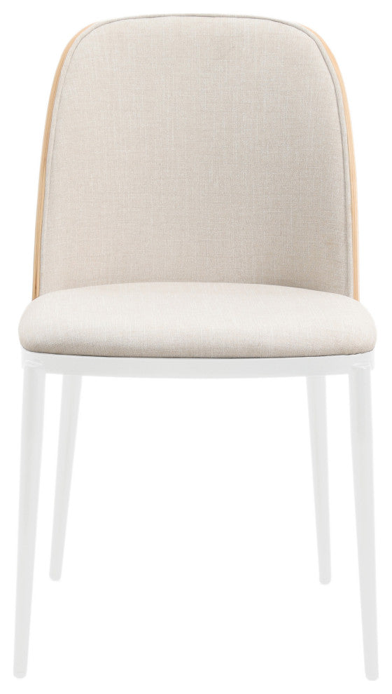 LeisureMod Tule Dining Chair With Upholstered Seat and White Steel Frame, Natural Wood/Beige