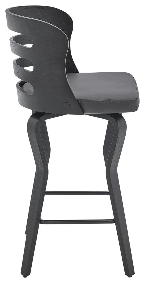 Benzara BM245955 Verne 26" Swivel Gray Faux Leather and Black Wood Bar Stool