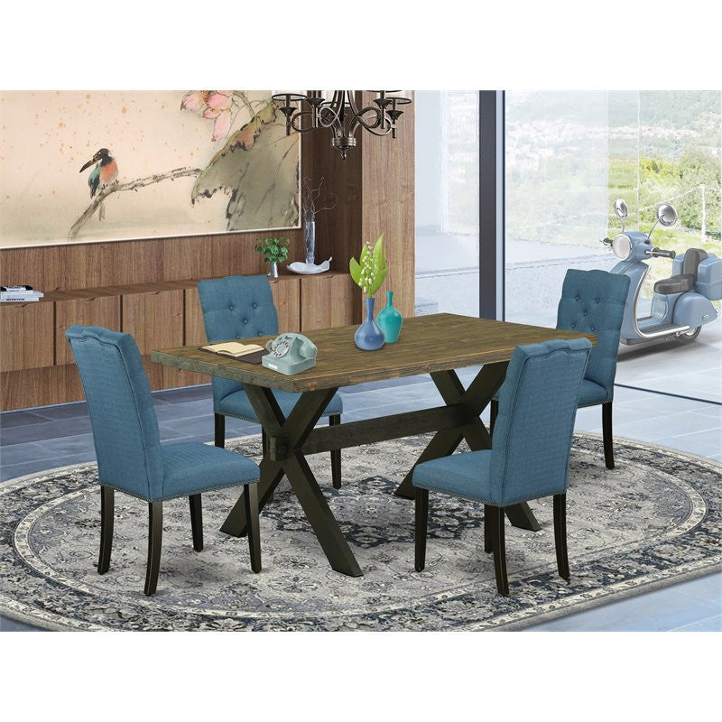 X676El121-5, 5-Piece Set Jacobean Table and 4 Linen Fabric Chairs, Black