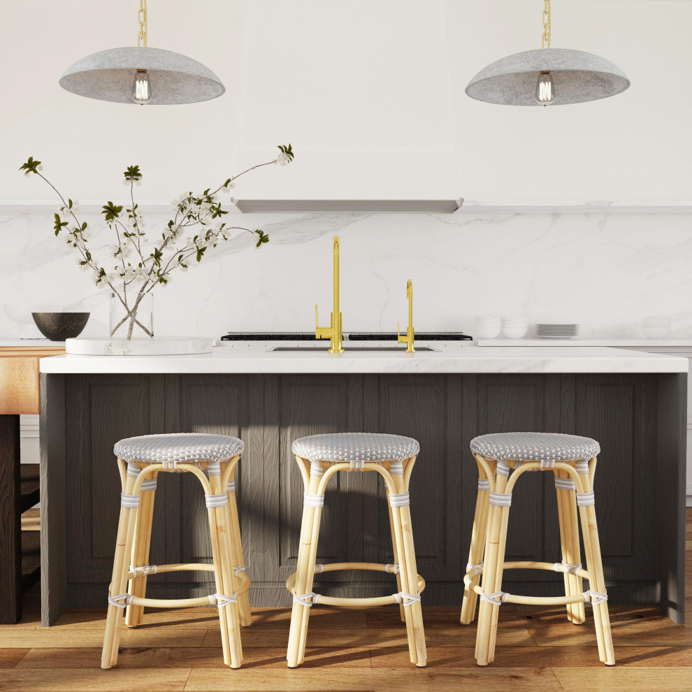 Tobias Gray and White Rattan Counter Stool