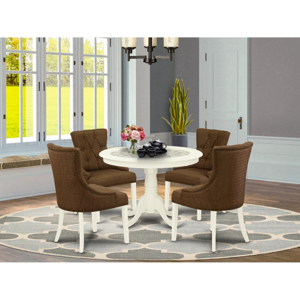 5Pc Dining Set, Round Table, Four Chairs, Dark Coffee Fabric, Linen White