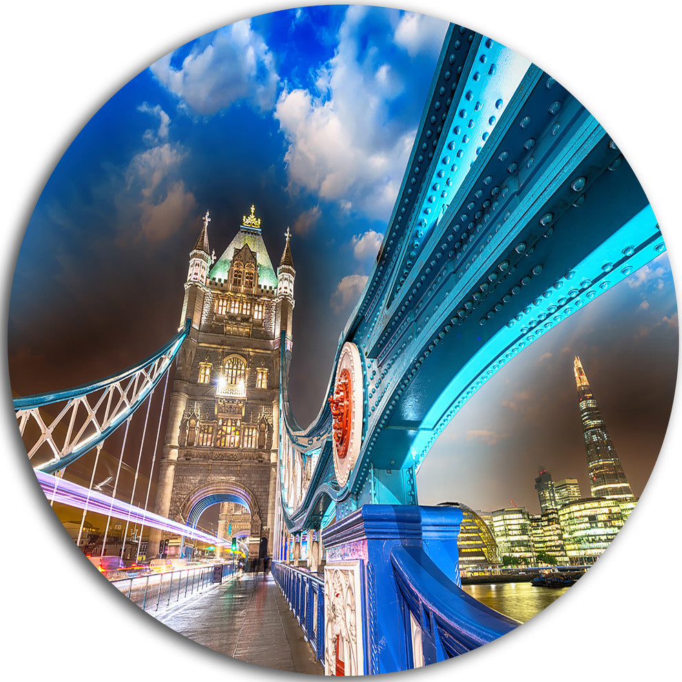 Night Over Tower Bridge In London, Cityscape Round Metal Wall Art, 11"