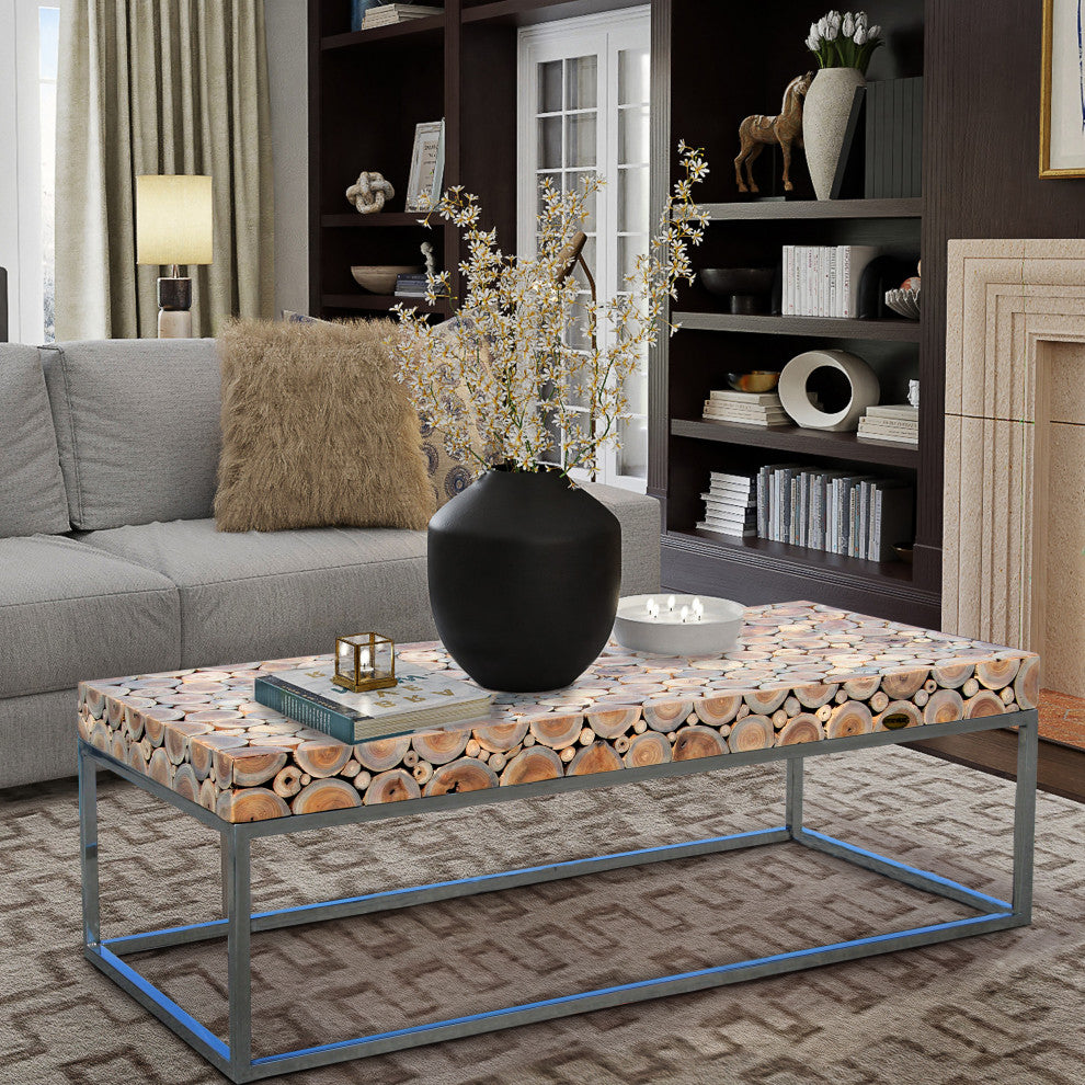 Teak Wood Coffee Table With Stainless Base
