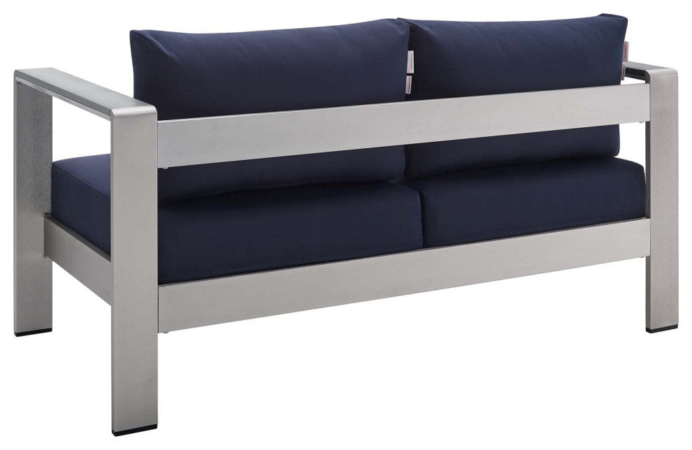 Sectional Sofa Chair Table Set, Sunbrella, Aluminum, Silver Blue Navy, Outdoor
