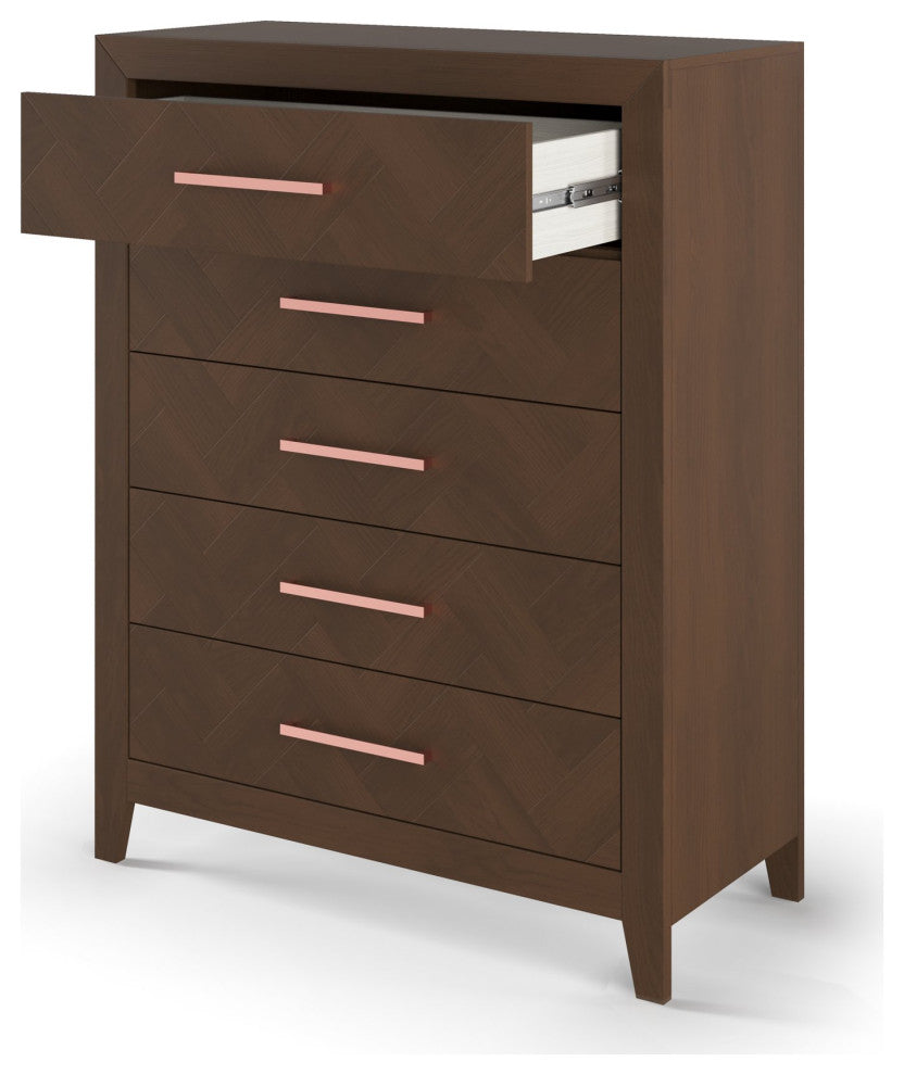 Modern Vertical Dresser, 5 Drawers With Elongated Metal Pulls, Toasted Chestnut