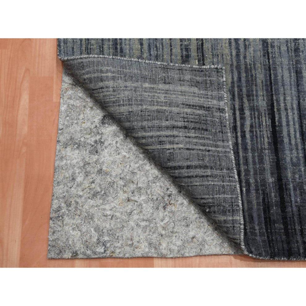 Gray and Blue Pure Wool Hand Knotted Modern Ombre Design Runner Rug, 2'6"x10'2"