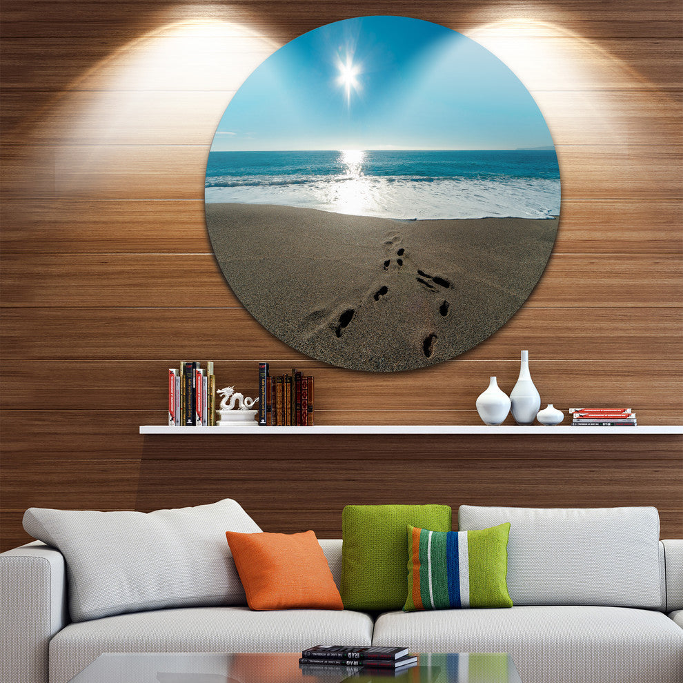Blue Sea And Footprints In Sand, Seascape Disc Metal Artwork, 11"