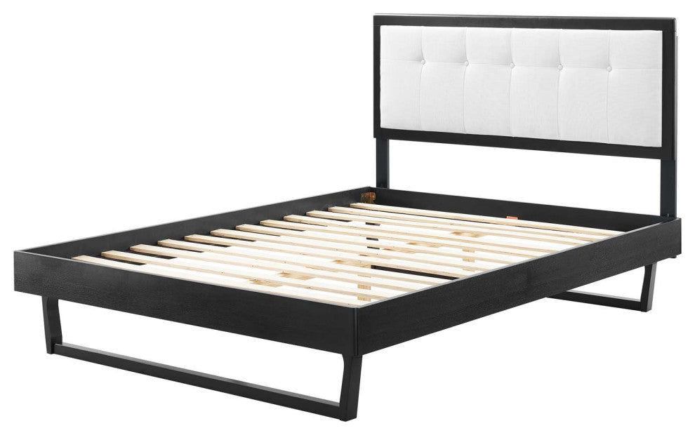 Platform Bed Frame, Full Size, Wood, Black White, Modern Mid-Century, Bedroom