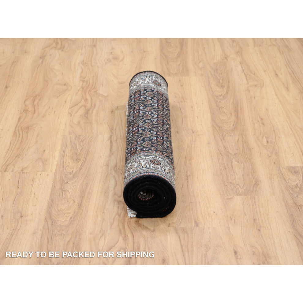 Black Hand Knotted Wool and Silk Herati 175 KPSI Oriental Rug, 3'0"x5'1"
