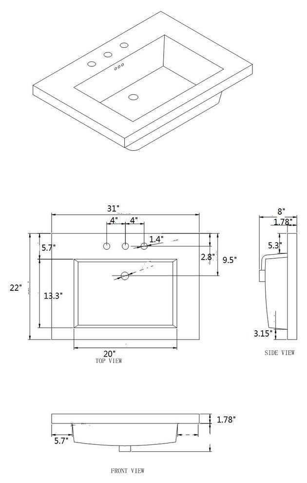 Eclipse 31"x22" Ceramic Vanity Top, White With 8" Widespread Drilling