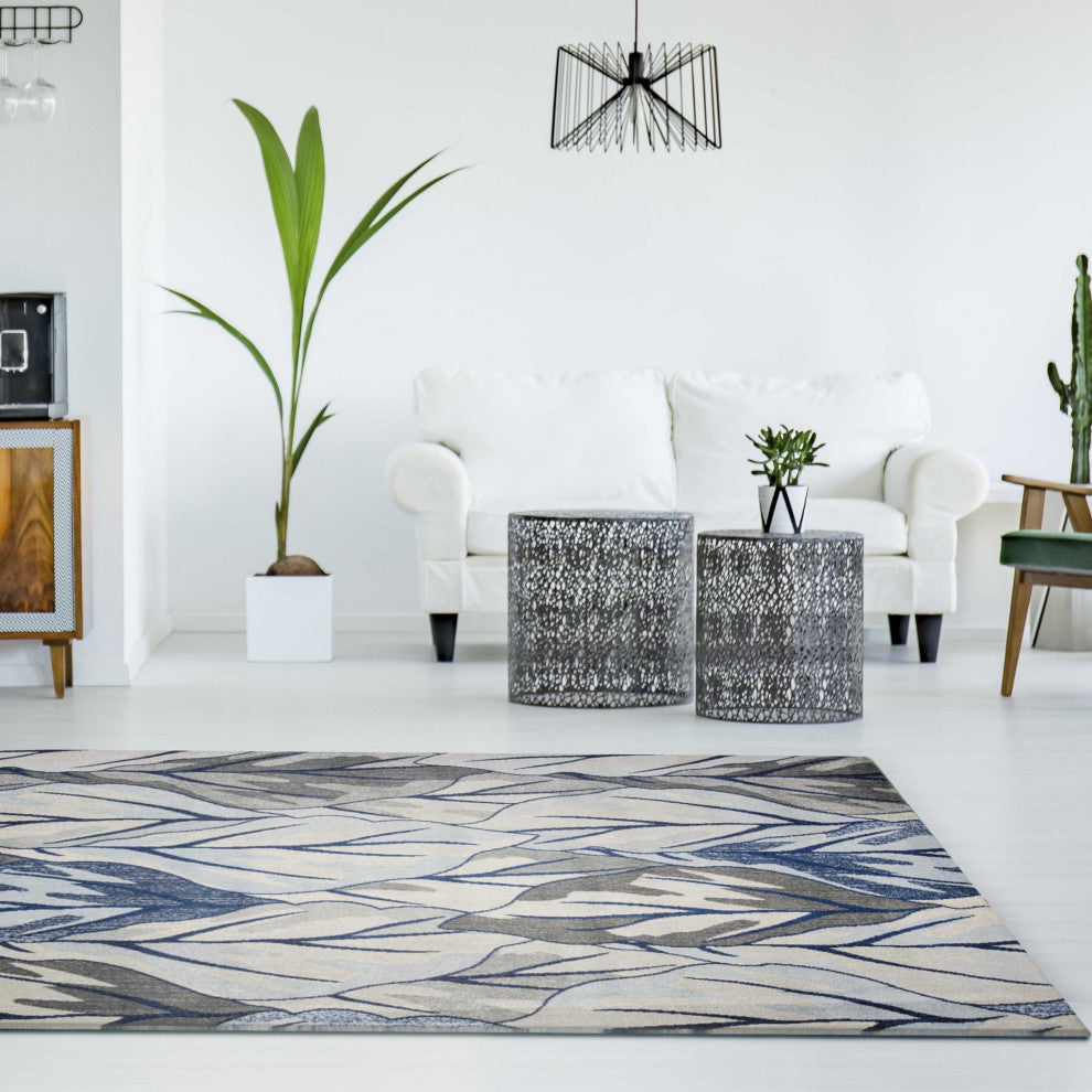 HomeRoots 8'x11' Grey Navy Blue Machine Woven Tropical Leaves Indoor Area Rug