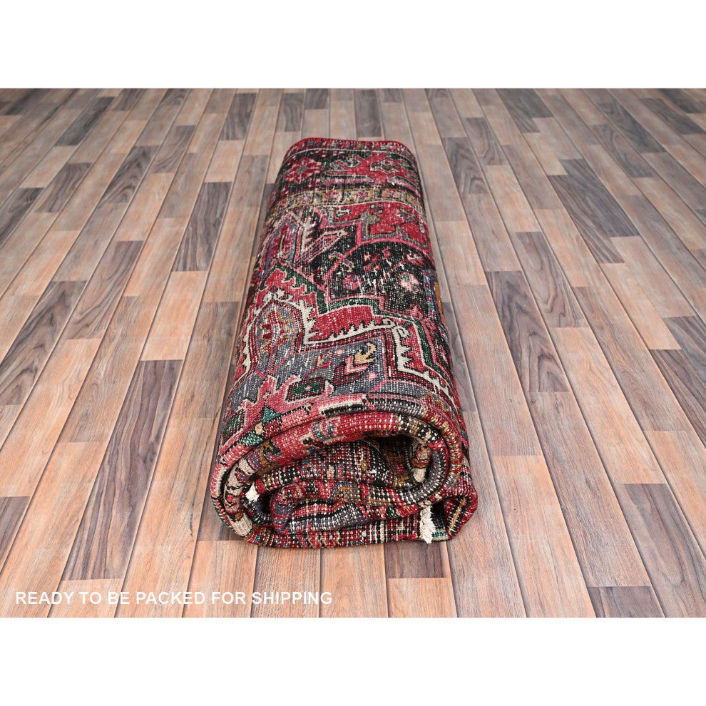 Imperial Red Pure Wool Hand Knotted Semi Antique Persian Heriz Rug 7'10"x11'5"